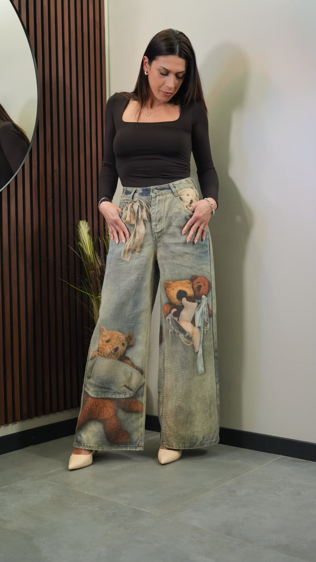 Jeans Teddy Bear donna con stampe orsetti – vista frontale – Clamont Wear